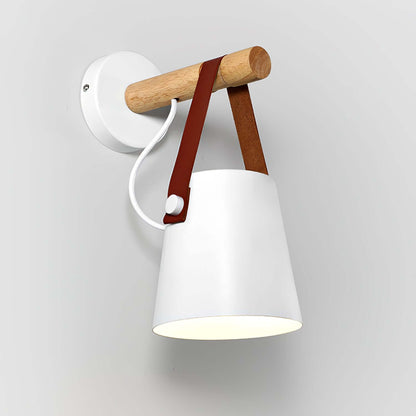 Rustic Wood Wall Lamp with Brown Leather Strap