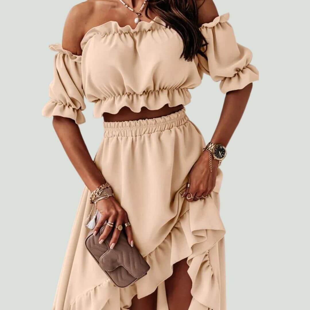 Ladies' Cold Shoulder Ruffle Top & Asymmetrical Skirt Set