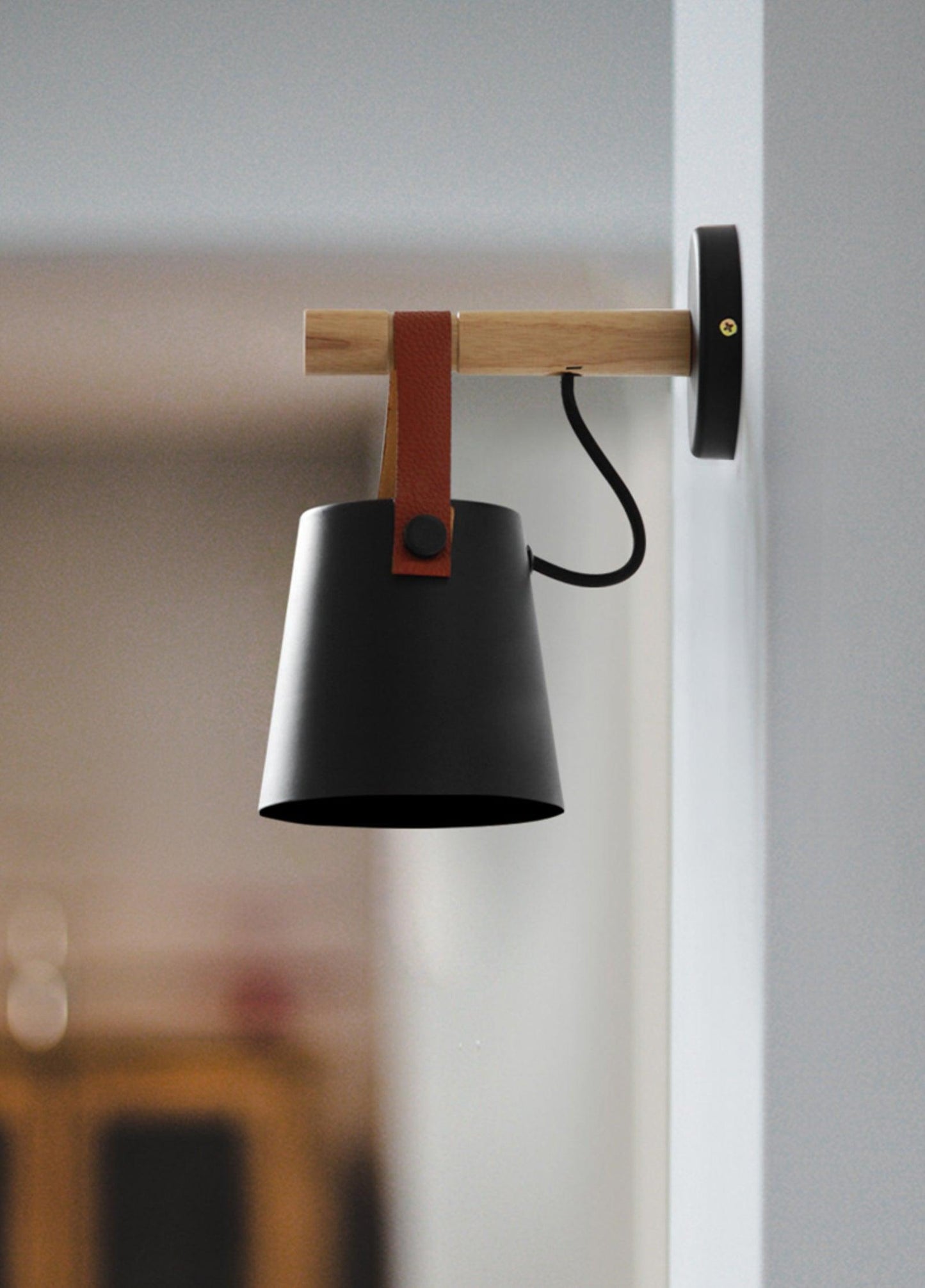 Rustic Wood Wall Lamp with Brown Leather Strap