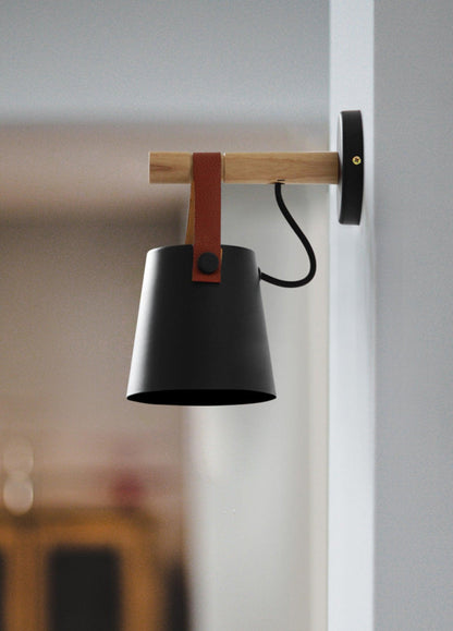 Rustic Wood Wall Lamp with Brown Leather Strap