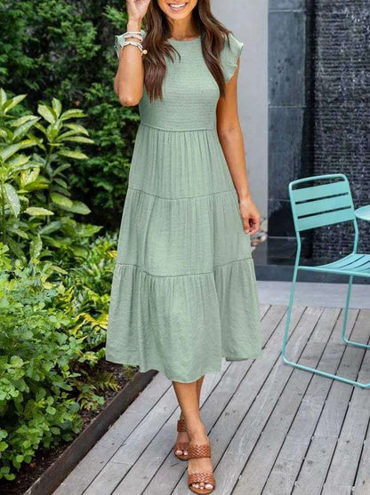 Ladies Floral Midi Dress with Ruffled Sleeves