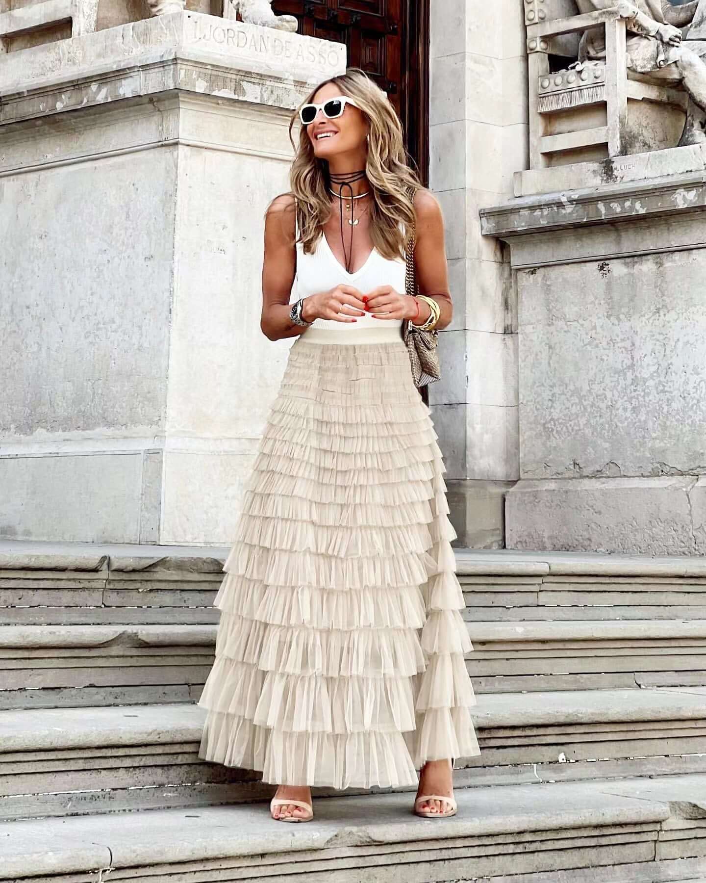 Fluffy Midi A-Line Flowy Skirt for Women