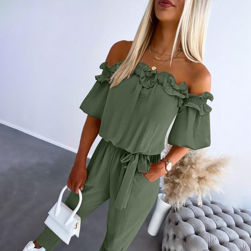 Trendy Cold Shoulder Ruffled Waist Jumpsuit
