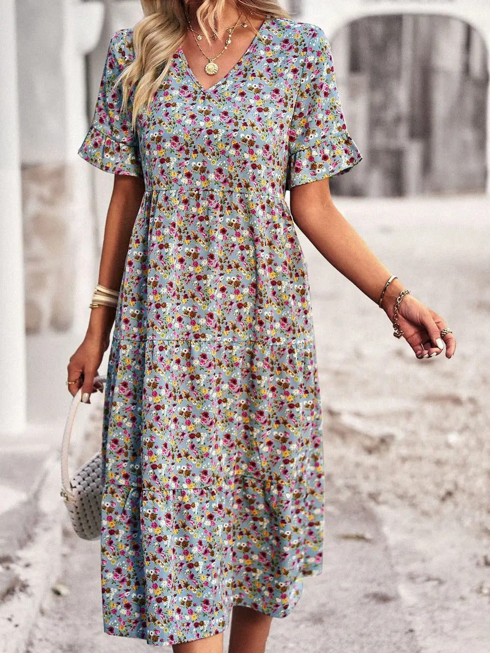 Franziska | Airy flutter sleeves v neck midi dress