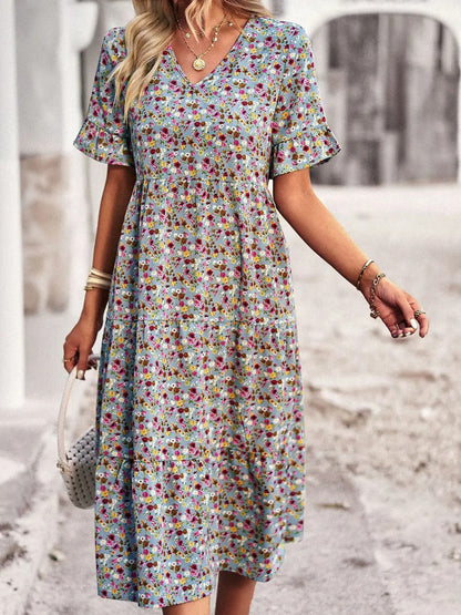 Franziska | Airy flutter sleeves v neck midi dress