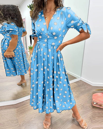 Women's Spotted V Neck Summer Dress