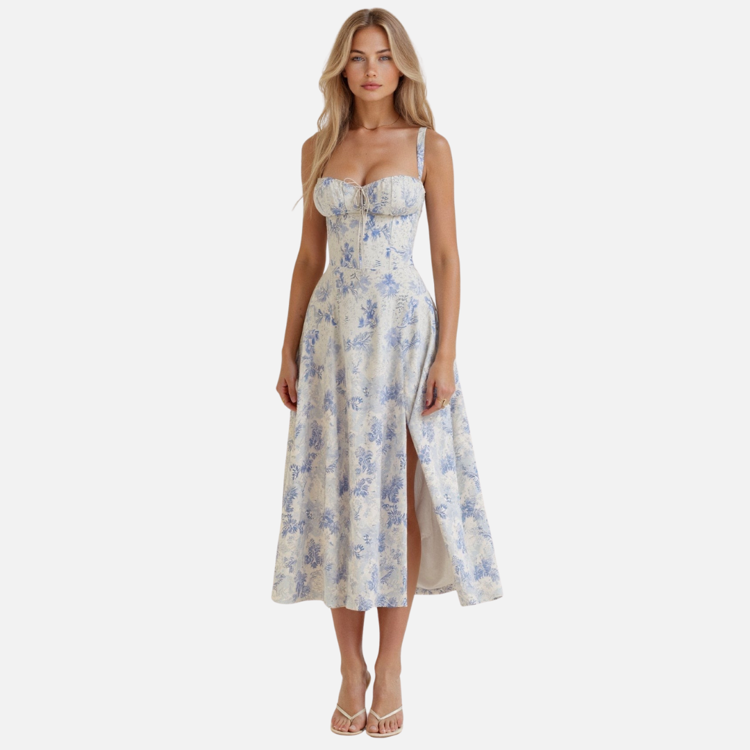 Elegant Corset Style Midi Dress with Flared Skirt