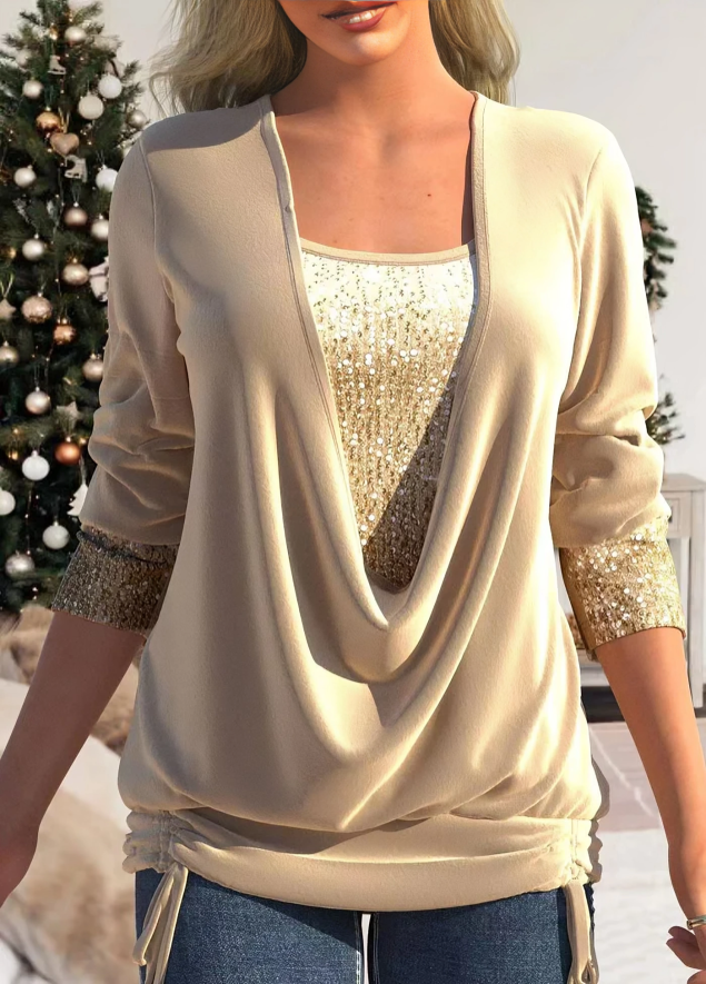 Ladies Sparkly Deep Neck Long Sleeve Top - Luxivelle