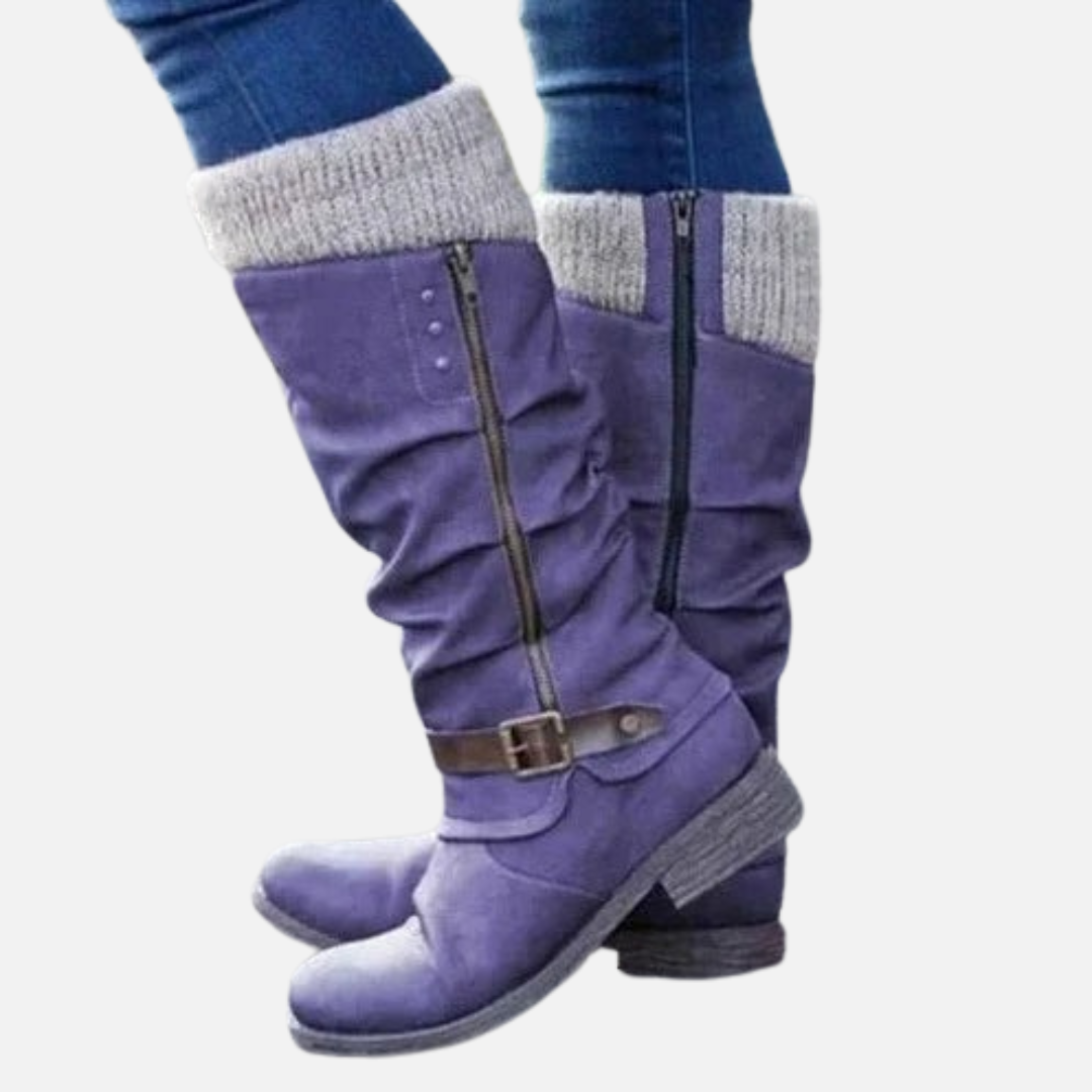 Women's Mid-Calf Slouch Boots - Warm Knit Trim Winter Walking Shoes