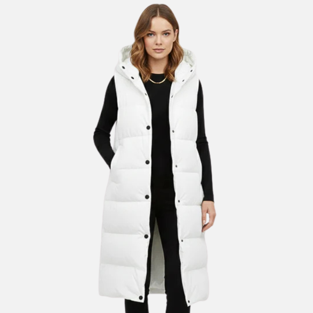 Women's Longline Puffer Vest - Hooded Sleeveless Quilted Gilet