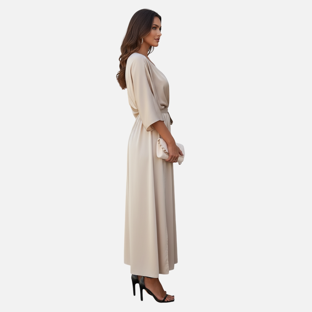 Women's Satin Maxi Dress - Elegant V-Neck Batwing Sleeve Evening Gown