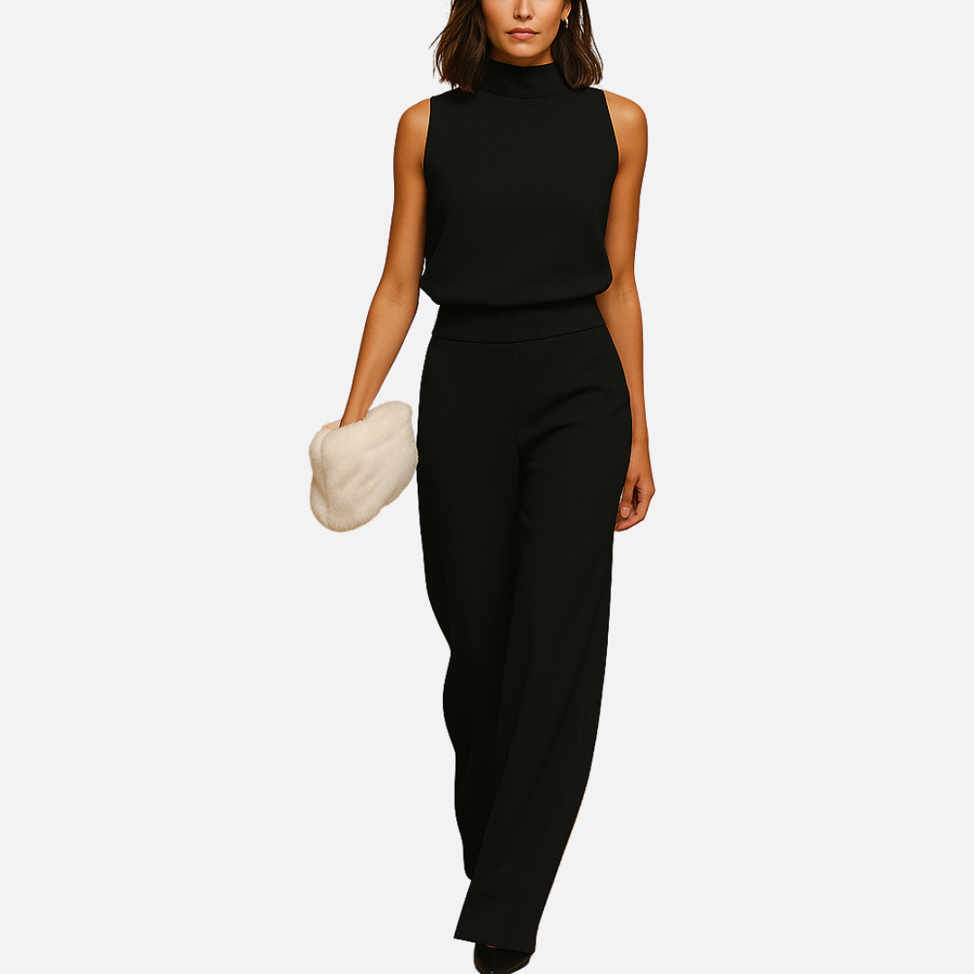 Women's High-Waisted Wide-Leg Jumpsuit - Sleeveless Mock Neck Suit