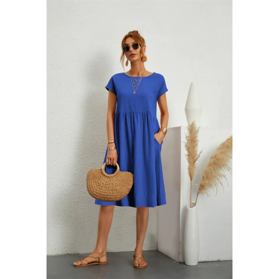 Relaxed Fit Women's Short Sleeve Linen A-Line Dress