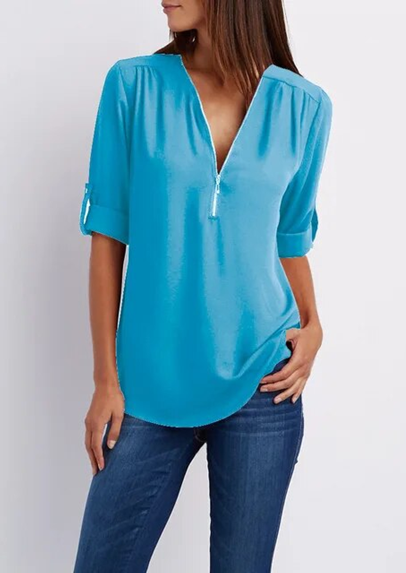 Ladies' Zip Front V Neck Short Sleeve Top