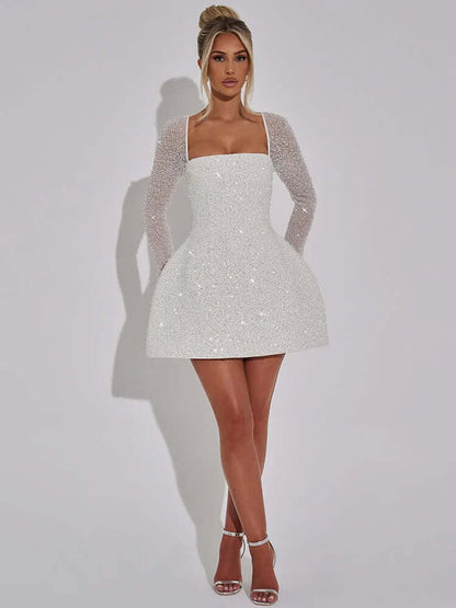 Glittering Tight Fit Mini Dress - Ladies Long Sleeve Clubwear