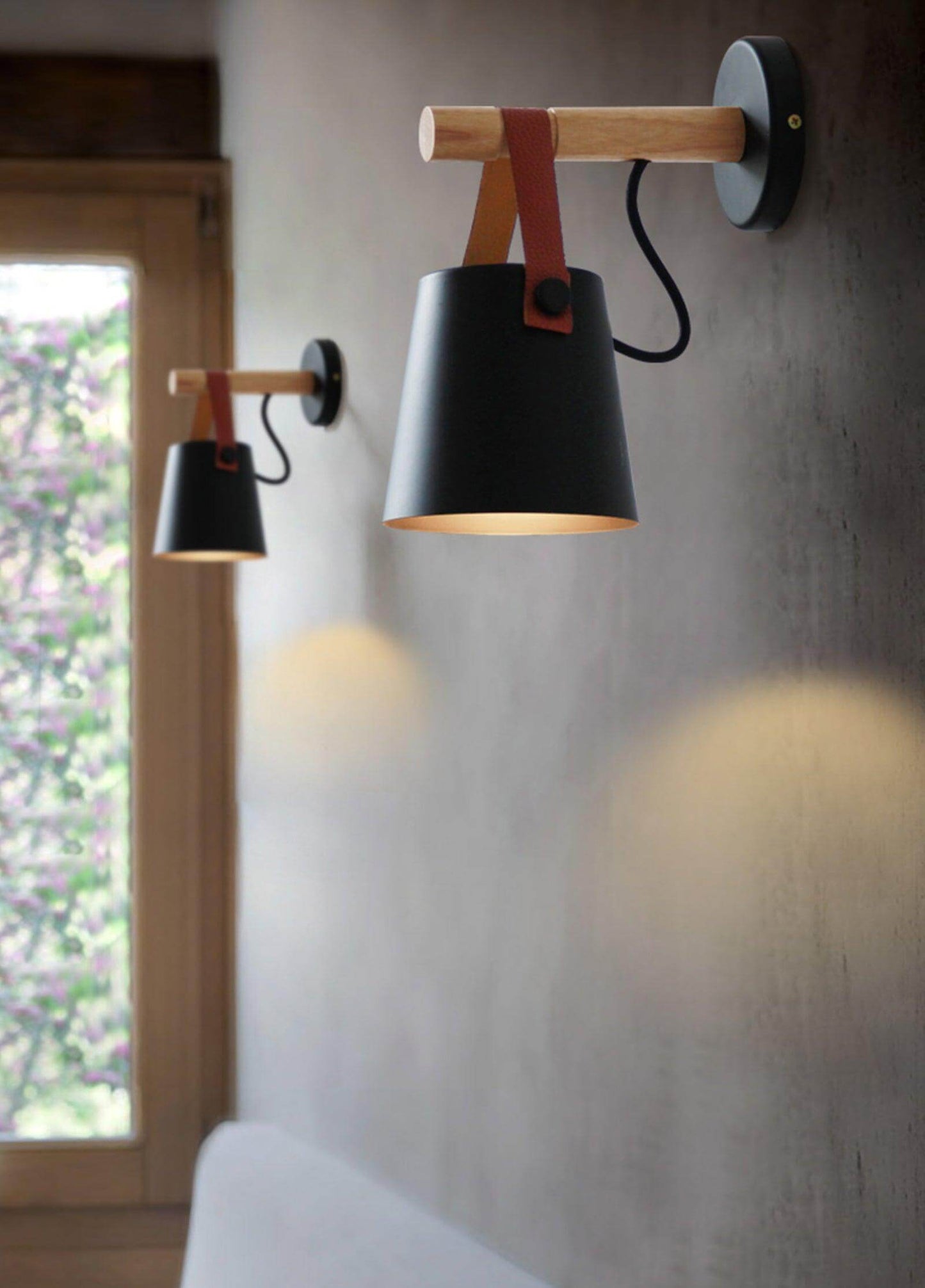 Rustic Wood Wall Lamp with Brown Leather Strap