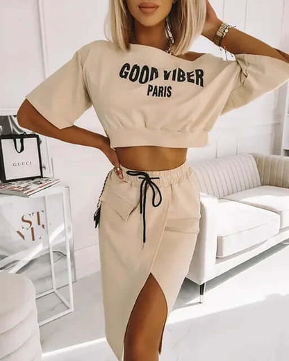 Trendy Off Shoulder Crop Top & High Slit Skirt Set - Luxivelle
