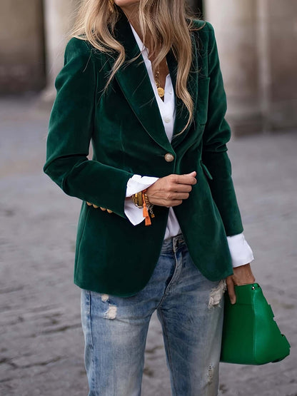 Ladies Emerald Velvet Jacket with Shiny Gold Buttons