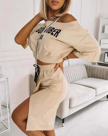 Trendy Off Shoulder Crop Top & High Slit Skirt Set