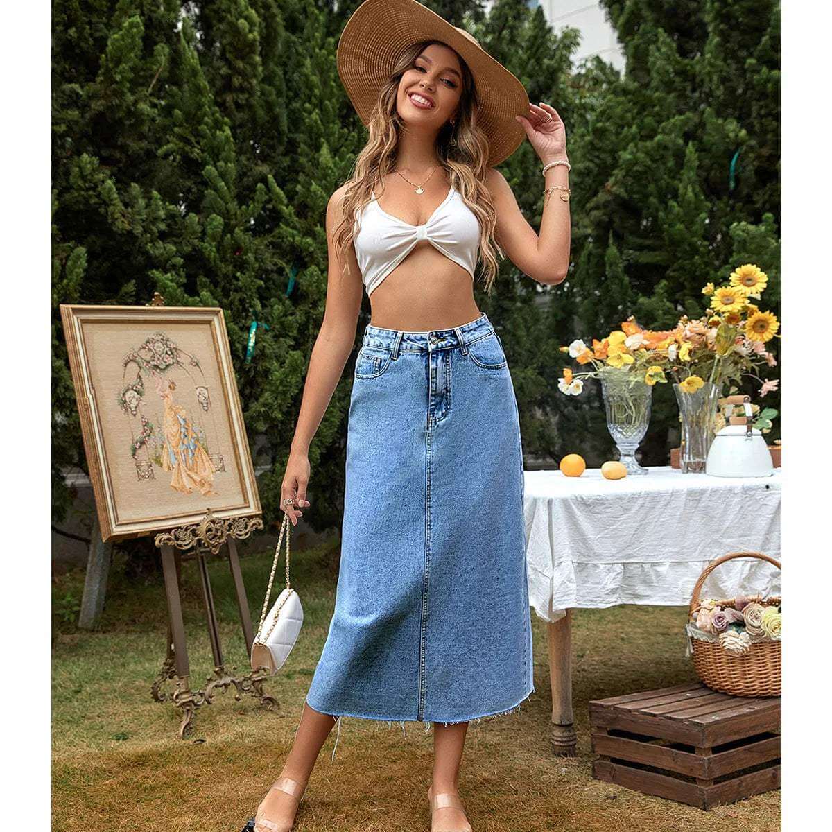 Elegant Mid Waist Long Denim Skirt