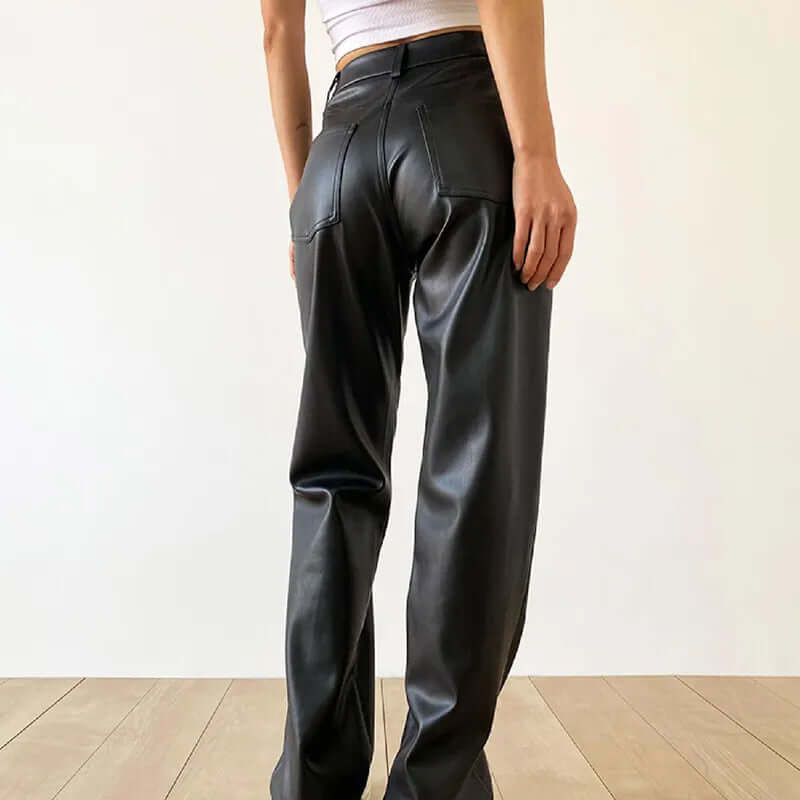 Classic High Waist Straight Leg Leather Jeans Pants