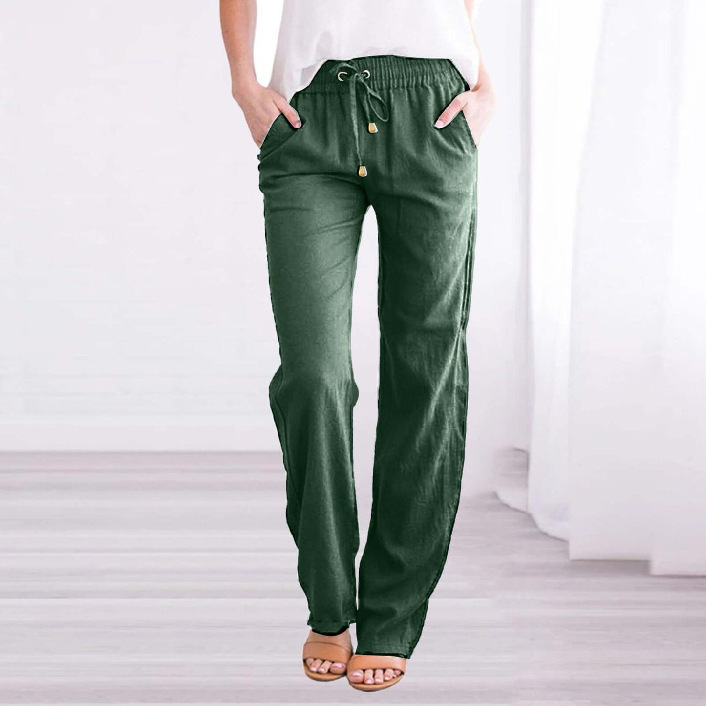 Relaxed Fit Linen Cotton Elastic Waist Pants