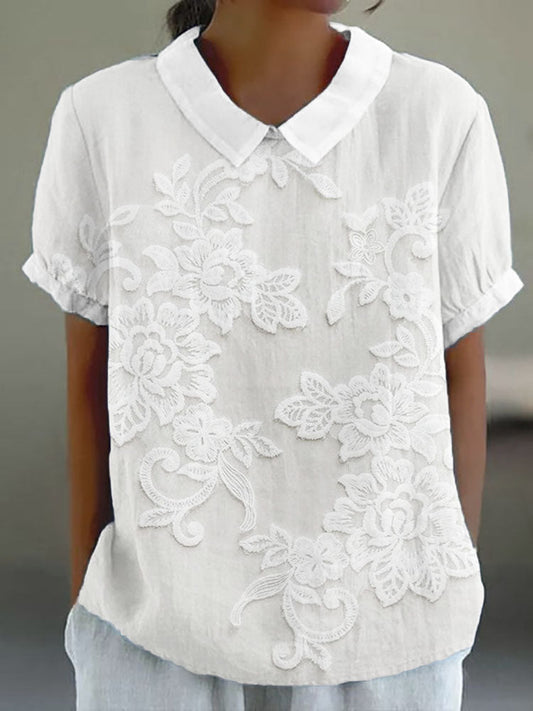 Clarette | Women's Shirt - Vintage Printed with Floral Embroidery 1
