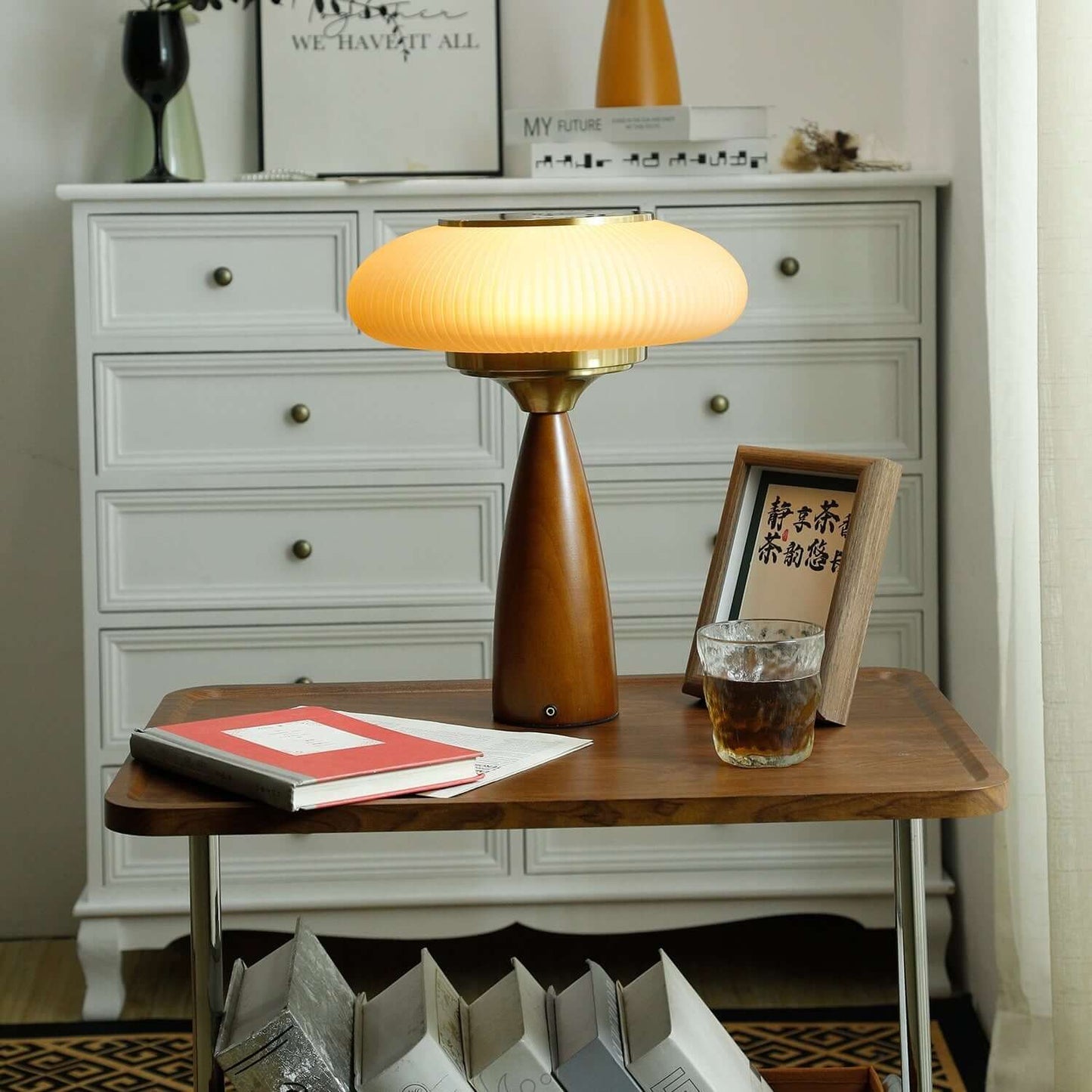 Small Glass Desk Lamp with Wood Base