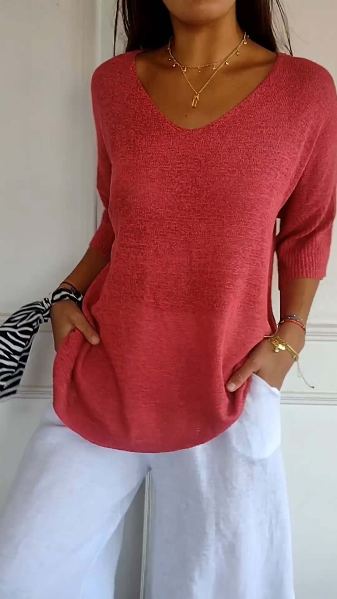 Relaxed Fit Women's V Neck Sweater Top - Luxivelle