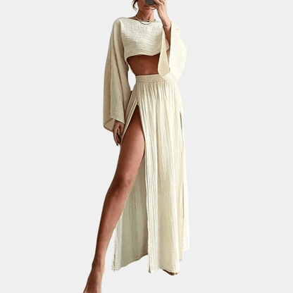Ladies Long Maxi Skirt Outfit - Cropped Top & High Split