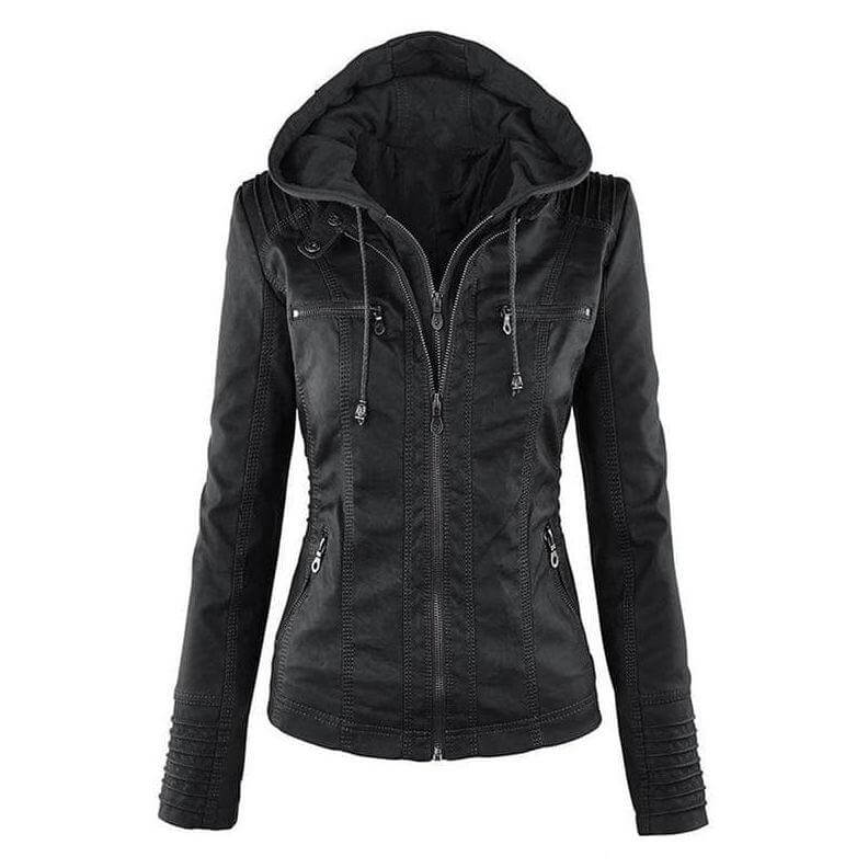 Ladies' Fitted Synthetic Leather Zipper Jacket - Luxivelle