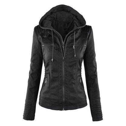 Ladies' Fitted Synthetic Leather Zipper Jacket - Luxivelle