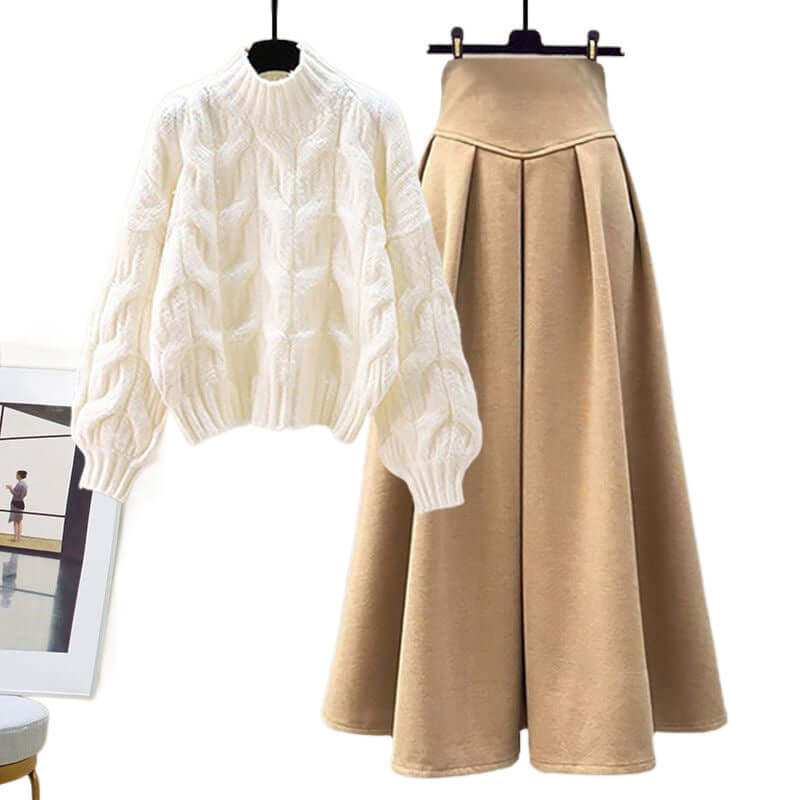 Cozy Knit Top and Flowy Midi Skirt Outfit - Luxivelle