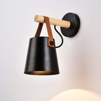 Rustic Wood Wall Lamp with Brown Leather Strap