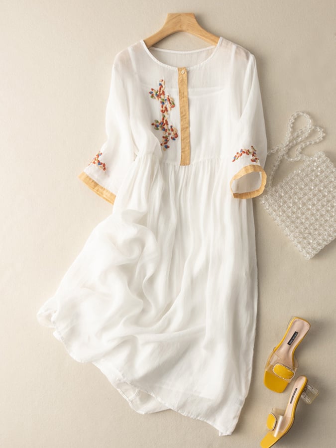 Casual Womens Linen Summer Embroidered Midi Dress