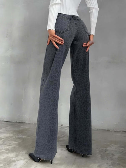 Fashionable Leopard Wide Leg High Waist Jeans