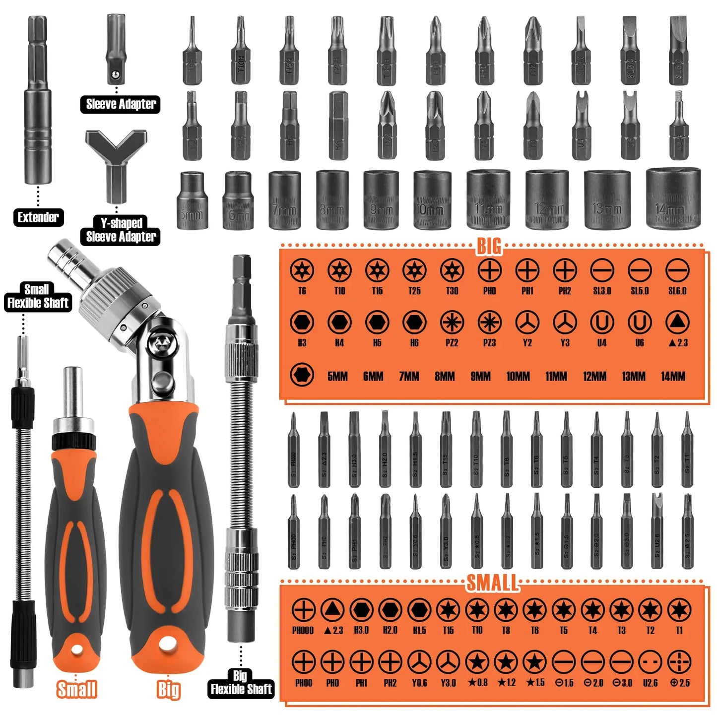 "68-in-1 ratchet screwdriver set with 68 bits, chrome-vanadium steel, ergonomic handle, in a compact storage box."