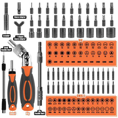 "68-in-1 ratchet screwdriver set with 68 bits, chrome-vanadium steel, ergonomic handle, in a compact storage box."