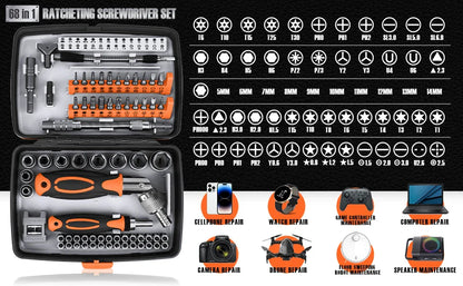 "68-in-1 ratchet screwdriver set with 68 bits, chrome-vanadium steel, ergonomic handle, in a compact storage box."