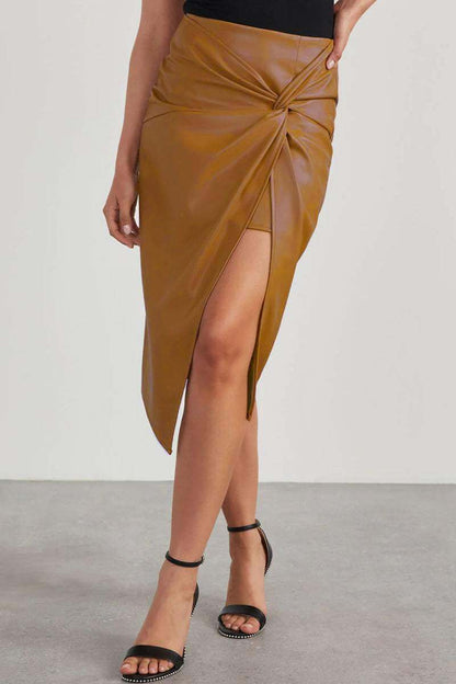 Fake Leather High Waist Pencil Skirt with Gathering