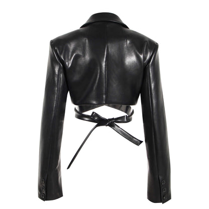 Ladies Faux Leather Biker Jacket with Belt