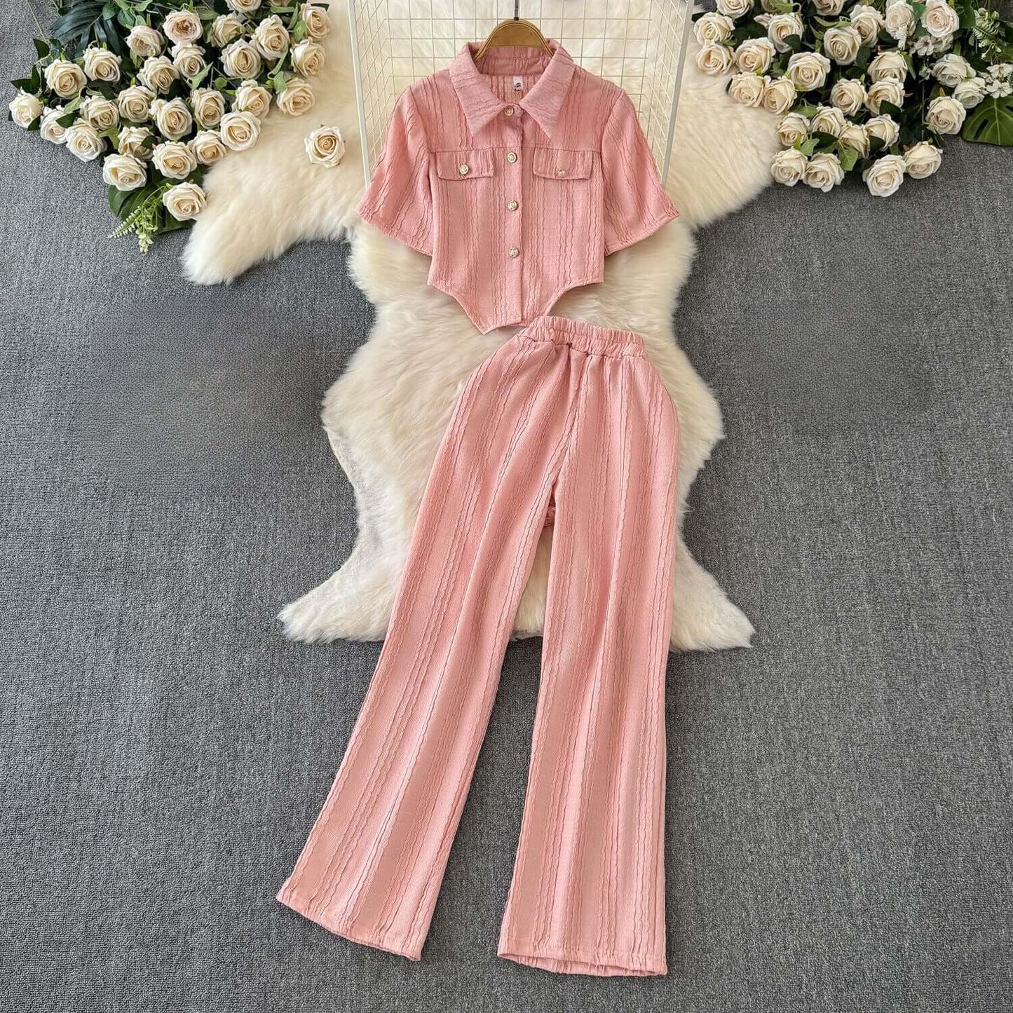 Ladies' Short Sleeve Crop Top and Flared Pants Set