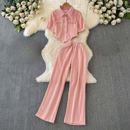 Ladies' Short Sleeve Crop Top and Flared Pants Set