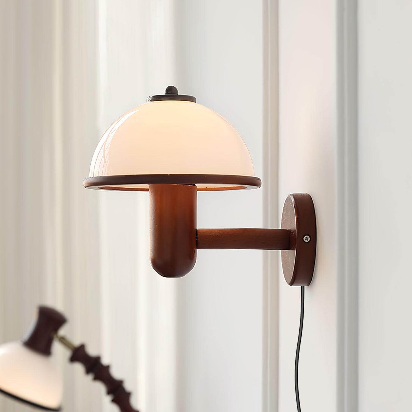Rustic Wooden Fungi Wall Lamp with Cream Shade