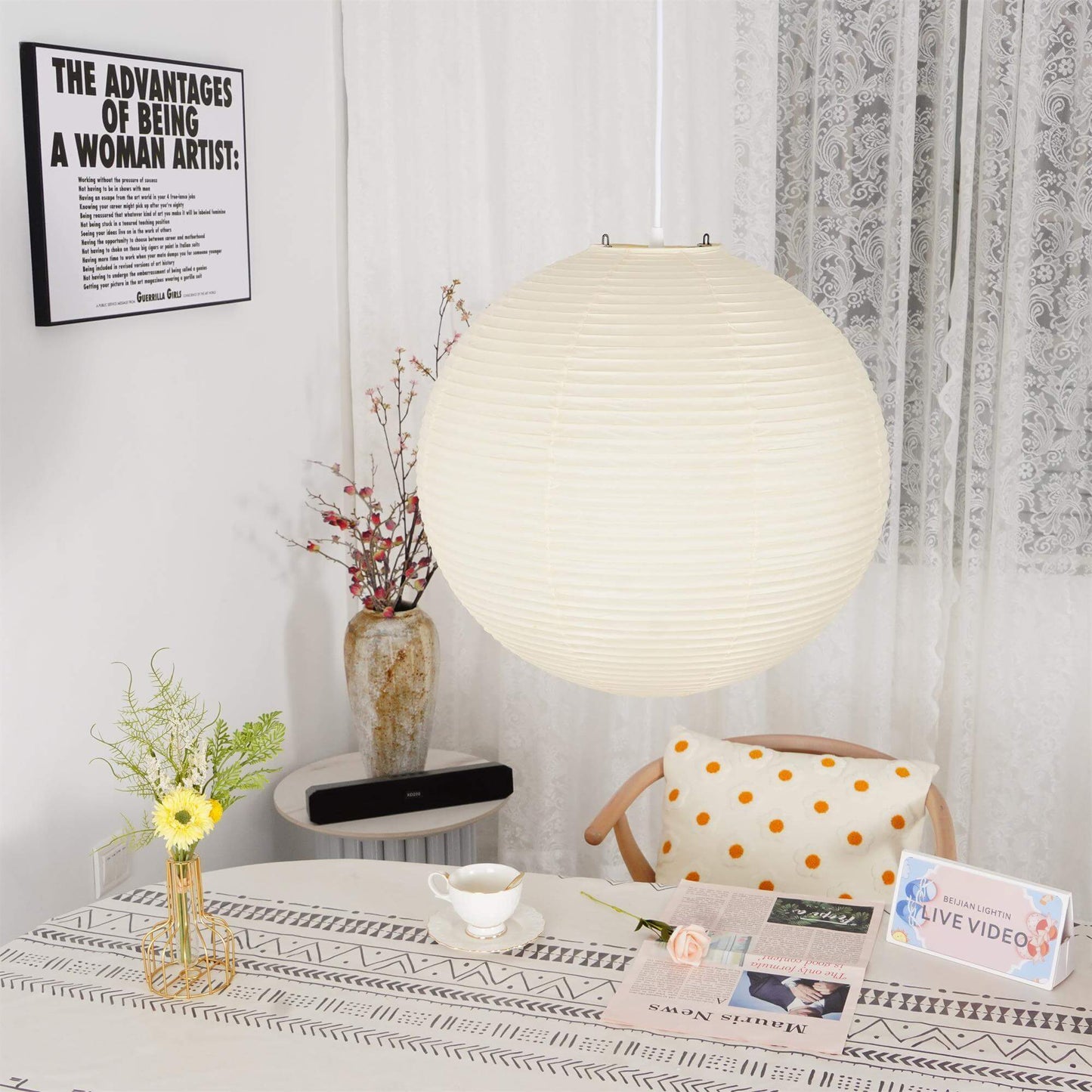 Simple White Cotton Shade Pendant Light with Metal Frame