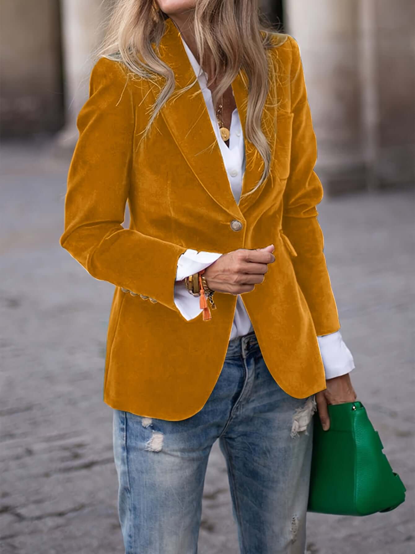 Ladies Emerald Velvet Jacket with Shiny Gold Buttons