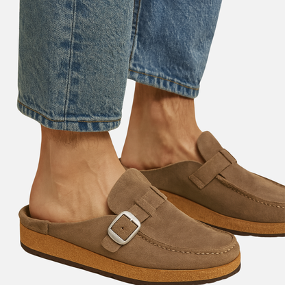 Men’s Suede Mules with Buckle - Closed Toe Slip-On Sandals
