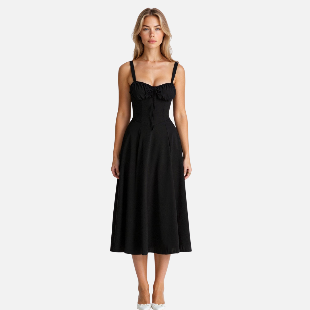 Elegant Corset Style Midi Dress with Flared Skirt