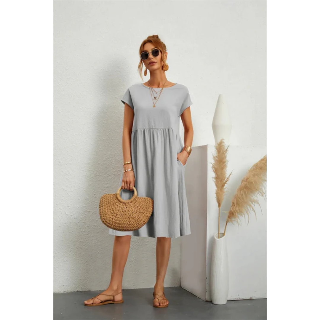 Relaxed Fit Women's Short Sleeve Linen A-Line Dress