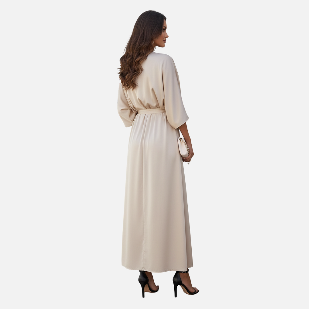 Women's Satin Maxi Dress - Elegant V-Neck Batwing Sleeve Evening Gown